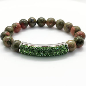 Unakite Beaded and Neon Green Crystal Bracelet with Center Charm - WHIMSICALIA